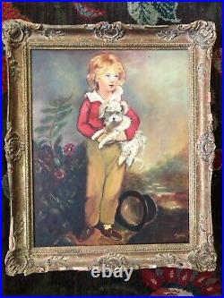 Vintage Oil Painting Master Simpson Boy W Dog & Top Hat Gold Wood Frame