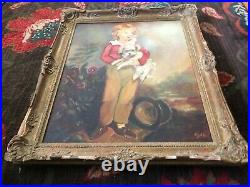 Vintage Oil Painting Master Simpson Boy W Dog & Top Hat Gold Wood Frame