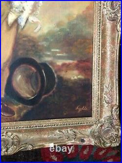 Vintage Oil Painting Master Simpson Boy W Dog & Top Hat Gold Wood Frame