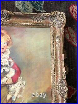 Vintage Oil Painting Master Simpson Boy W Dog & Top Hat Gold Wood Frame