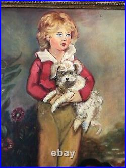 Vintage Oil Painting Master Simpson Boy W Dog & Top Hat Gold Wood Frame