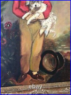 Vintage Oil Painting Master Simpson Boy W Dog & Top Hat Gold Wood Frame