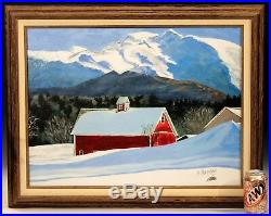 Vintage Oil Painting New England Stowe VT Red Barn Mountain Signed F Ramsay