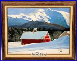 Vintage Oil Painting New England Stowe VT Red Barn Mountain Signed F Ramsay