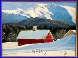 Vintage Oil Painting New England Stowe VT Red Barn Mountain Signed F Ramsay