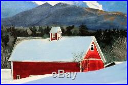 Vintage Oil Painting New England Stowe VT Red Barn Mountain Signed F Ramsay