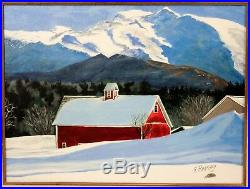 Vintage Oil Painting New England Stowe VT Red Barn Mountain Signed F Ramsay