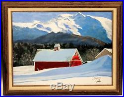 Vintage Oil Painting New England Stowe VT Red Barn Mountain Signed F Ramsay