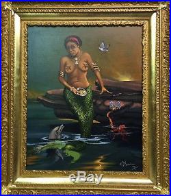 Vintage Oil Painting O/Canvas African American == MERMAID == Signed