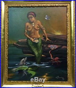 Vintage Oil Painting O/Canvas African American == MERMAID == Signed