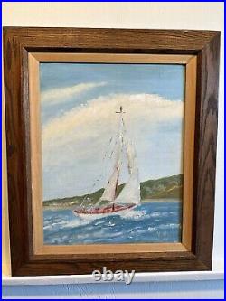 Vintage Oil Painting Of California Sailboat Off Shore. Signed V Neely 1967