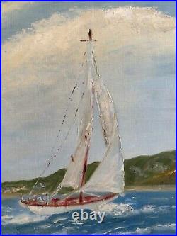 Vintage Oil Painting Of California Sailboat Off Shore. Signed V Neely 1967