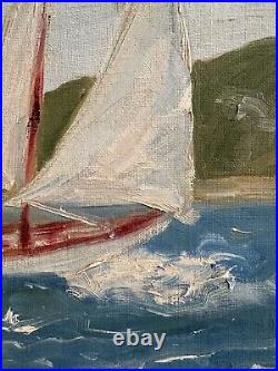 Vintage Oil Painting Of California Sailboat Off Shore. Signed V Neely 1967