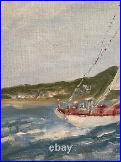 Vintage Oil Painting Of California Sailboat Off Shore. Signed V Neely 1967