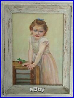 Vintage Oil Painting Of Little Girl Child MID Century Country Folk Art Framed