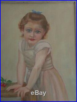 Vintage Oil Painting Of Little Girl Child MID Century Country Folk Art Framed