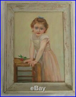 Vintage Oil Painting Of Little Girl Child MID Century Country Folk Art Framed