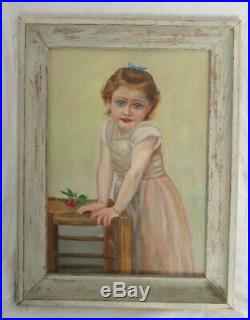 Vintage Oil Painting Of Little Girl Child MID Century Country Folk Art Framed