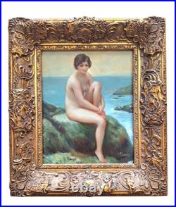 Vintage Oil Painting Of Nude Female Gilded Gold Wooden Frame Small Signed Bass