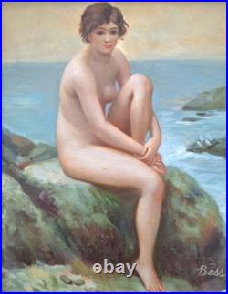 Vintage Oil Painting Of Nude Female Gilded Gold Wooden Frame Small Signed Bass