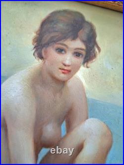 Vintage Oil Painting Of Nude Female Gilded Gold Wooden Frame Small Signed Bass