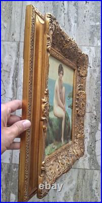 Vintage Oil Painting Of Nude Female Gilded Gold Wooden Frame Small Signed Bass