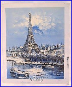 Vintage Oil Painting On Canvas Paris Eiffel Tower Artist Signed H. Vatev