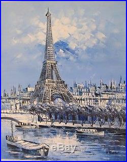 Vintage Oil Painting On Canvas Paris Eiffel Tower Artist Signed H. Vatev