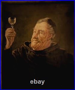 Vintage Oil Painting On Canvas Portrait of Monk with Glass of Wine Framed Signed