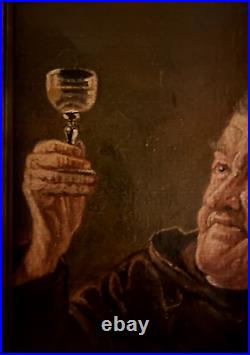 Vintage Oil Painting On Canvas Portrait of Monk with Glass of Wine Framed Signed