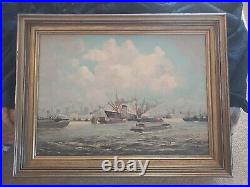 Vintage Oil Painting On Canvas Ships In Harbor Artist Signed Framed