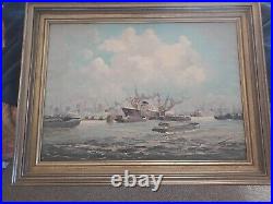 Vintage Oil Painting On Canvas Ships In Harbor Artist Signed Framed