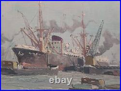 Vintage Oil Painting On Canvas Ships In Harbor Artist Signed Framed