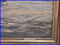 Vintage Oil Painting On Canvas Ships In Harbor Artist Signed Framed