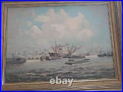 Vintage Oil Painting On Canvas Ships In Harbor Artist Signed Framed