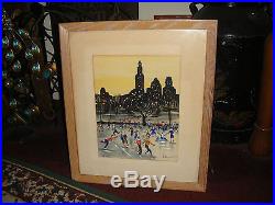 Vintage Oil Painting On Fabric-Rockefeller Plaza Ice Skating-Signed-New York Cty