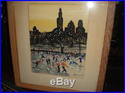 Vintage Oil Painting On Fabric-Rockefeller Plaza Ice Skating-Signed-New York Cty