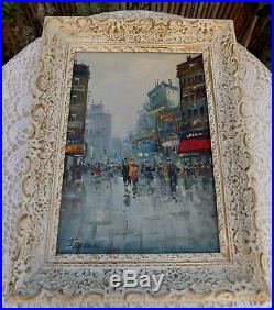 Vintage Oil Painting Paris Ornate Wooden Frame Signed FERRARI Impressionism