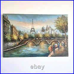 Vintage Oil Painting Paris Siene River France Original Artist Signed 36X24