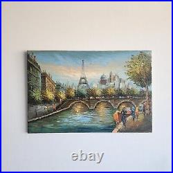 Vintage Oil Painting Paris Siene River France Original Artist Signed 36X24