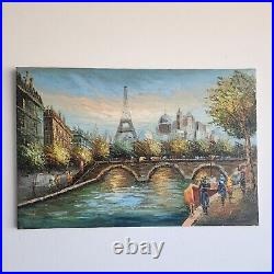 Vintage Oil Painting Paris Siene River France Original Artist Signed 36X24