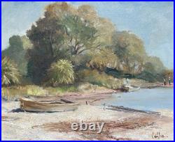 Vintage Oil Painting Plants & Boats by the Water Landscape Signed Connor