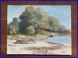 Vintage Oil Painting Plants & Boats by the Water Landscape Signed Connor