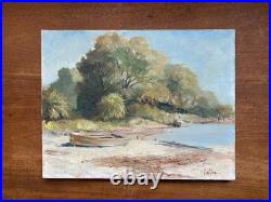 Vintage Oil Painting Plants & Boats by the Water Landscape Signed Connor