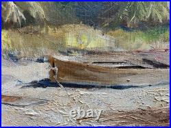 Vintage Oil Painting Plants & Boats by the Water Landscape Signed Connor
