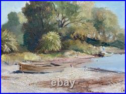 Vintage Oil Painting Plants & Boats by the Water Landscape Signed Connor