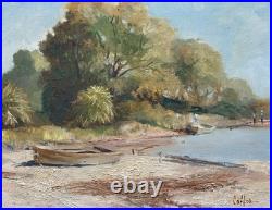 Vintage Oil Painting Plants & Boats by the Water Landscape Signed Connor