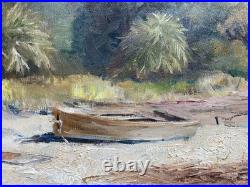 Vintage Oil Painting Plants & Boats by the Water Landscape Signed Connor