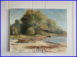 Vintage Oil Painting Plants & Boats by the Water Landscape Signed Connor