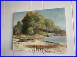 Vintage Oil Painting Plants & Boats by the Water Landscape Signed Connor